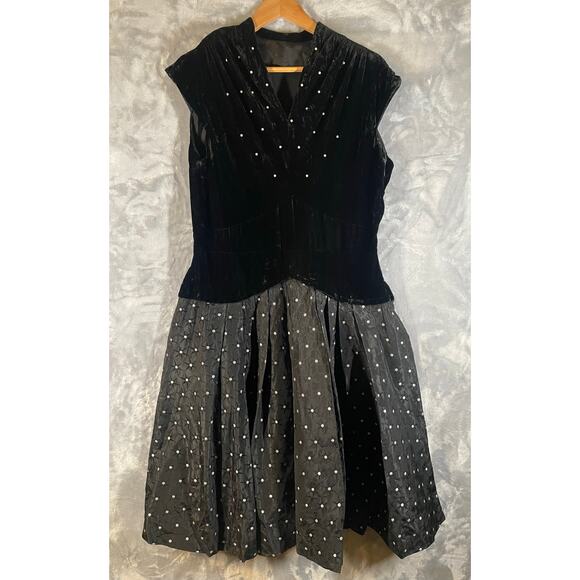 Vtg 1950s velvet taffeta cocktail dress L/XL silver atomic print rhinestone VLV - Picture 3 of 11